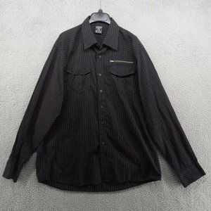 Avirex Shirt Mens‎ XL Black White Pinstripes Button Up Double Pocket Zipper Punk